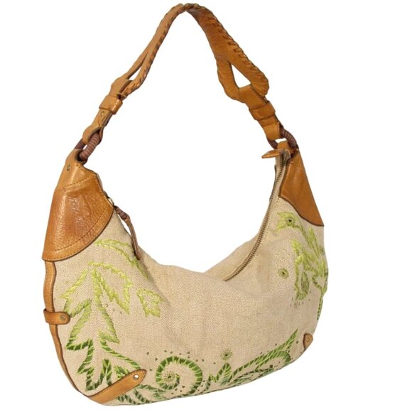 COLE HAAN Embroidered Rustic Burlap and Leather Hobo Shoulder Bag $215 - Picture 1 of 8